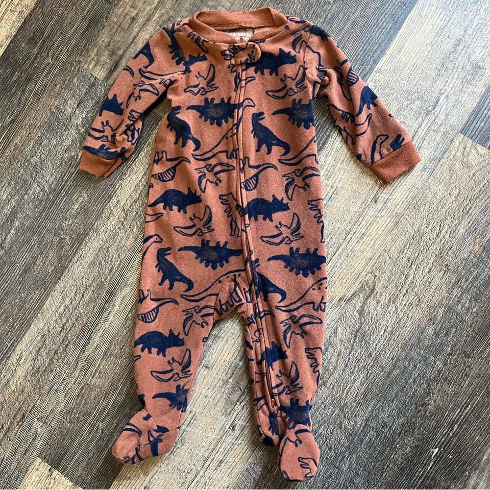 Cozy Dinosaur Print Footed Sleeper Pajamas Baby Toddler Zip-Up Romper Brown Navy